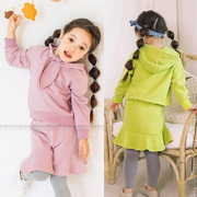 奥斯卡女女中小童套装出口韩国可爱连帽系带长袖卫衣裙裤套装