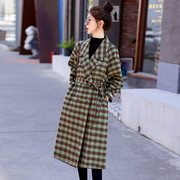 韩系风格绿色格子羊绒，外套女2022秋冬中长款系带加厚羊毛大衣