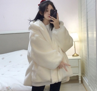 2023冬季韩版羊羔毛外套(毛，外套)女中长款连帽獭兔毛，绒绒皮草大衣加厚