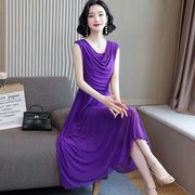 紫色网纱连衣裙女夏季收腰显瘦遮肚大码长裙气质无袖A字裙沙裙子