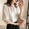 夏季韩版雪纺蕾丝五分袖毛边花朵衫女短袖上衣宽松纯色打底衫