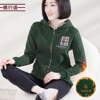 2025春季新款口袋拼接绣花格子刺绣保暖上衣服加厚加绒连帽卫衣女