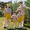 亲子装2024夏季一家四口三口母女母子，装姐弟短袖条纹家庭套装