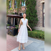 WinnieTang重工一片式假两件亚麻无袖v领显瘦优雅纯色法式连衣裙