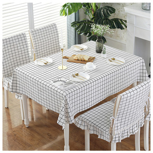 简约风格子餐桌布椅套椅垫套装棉麻布艺长方形桌布餐椅子套罩家用