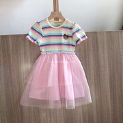 女童连衣裙公主纱裙蛋糕，裙夏短袖洋气，彩色条纹彩虹韩版