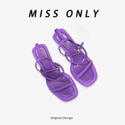 紫色高跟鞋女2024年夏季时尚方头细跟红色性感露趾一字带凉鞋