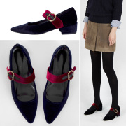 韩国复古天鹅丝绒面尖头单鞋浅口中跟粗跟高跟一字扣带玛丽珍女鞋