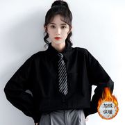 黑色长袖衬衫女Polo领jk制服内搭冬季韩版学院风学生加绒打底上衣