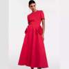 法式红色礼服裙2024夏时尚(夏时尚)优雅圆领，短袖立体玫瑰花朵连衣裙中长裙