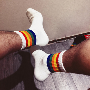 2双彩虹条纹运动袜子棉，毛巾底加厚中筒男袜，吸汗跑步篮球羽毛球袜