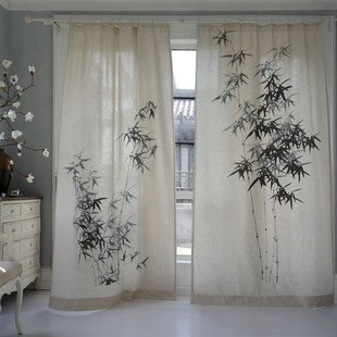 中式日式古典亚麻加厚遮光客厅茶室卧室，高档个性成品定制窗帘墨竹