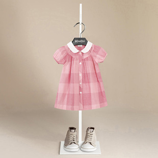 2023伯米吉夏新中小童甜美英伦风棉粉色格子裙女童短袖衬衫裙1510