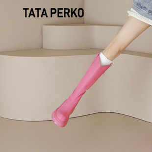 TATA PERKO联名粉色长筒靴女冬加绒高筒骑士靴真皮高跟V口西部靴