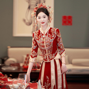丝绒秀禾服新娘，2024中式婚礼礼服修身重工，奢华出阁龙凤褂大码