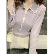 紫色薄款冰丝针织防晒开衫，女2024春季上衣，小香风法式短款小衫