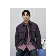 gxg春紫色暗格纹，舒适宽松时尚翻领，外套式长袖衬衫男gfd10300161