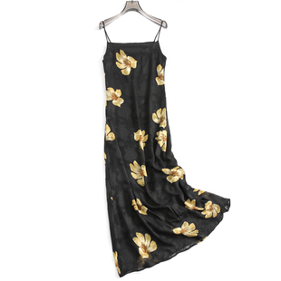 黄色花卉印花裙显瘦修身圆领无袖吊带裙，气质淑女长裙子连衣裙a450