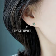 祖母绿色方形s925纯银耳环14k金耳钉(金耳钉，)针几何简约小耳饰女气质