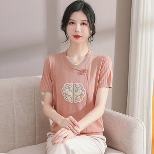 XIA夏装温柔女士40-50-30-35-45岁新中式女装 短款针织d短袖t恤血