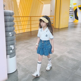 夏季女童韩版牛仔裙，儿童蓝色半身裙时尚，设计纽扣牛仔短裙