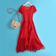 红色真丝连衣裙女长款高端桑蚕丝，洋气裙子沙滩裙，仙女长裙夏季超仙