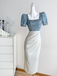蓝色条纹拼接连衣裙女夏季长裙，轻奢高级感气质法式赫本风礼服裙子