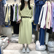 韩国春季翻领长袖双排扣西装外套女高腰半身裙套装修身显瘦气质女