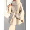 belin斗篷式双面羊毛大衣女，冬高级毛领，收腰小个子中长款呢外套白