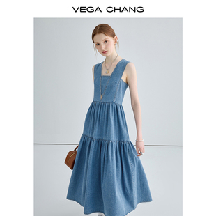VEGA CHANG牛仔吊带连衣裙女2024年夏季法式复古显瘦气质长裙