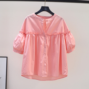 粉红色圆领灯笼袖娃娃衫女宽松休闲衬衣，2023夏季减龄百搭休闲上衣