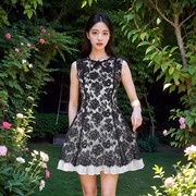 赫本风黑色玫瑰蕾丝蓬蓬裙设计高级感优雅气质收腰无袖连衣裙