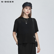 sdeer圣迪奥夏装休闲圆领，打底衫不规则，黑色短袖t恤女s21280191
