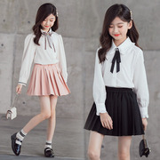 女童白衬衫礼服黑裙学院风短裙套装中大童半身裙长袖白色衬衣纯棉