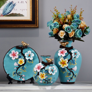 欧式陶瓷花瓶三件套干花插花器，客厅博古架玄关摆件酒柜家居装饰品