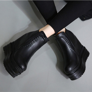 秋冬靴子14CM超高跟鞋坡跟短靴内增高黑色马丁靴防水台单靴女