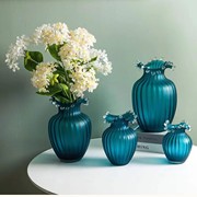 仟雨集欧式简约风情，蓝色条纹琉璃，花瓶波浪单只大号花瓶摆放