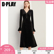 DPLAY春装名媛黑色V领喇叭袖收腰长款丝绒连衣裙长裙礼服女