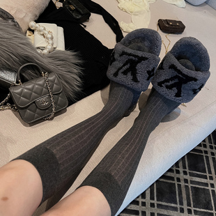 inmimiface灰色针织长筒袜，女秋季中筒袜，竖条纹棉袜小腿袜子