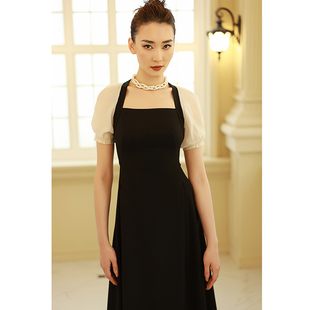 绝色高级质感黑色礼服裙轻奢，小众高端气质，名媛法式方领连衣裙长裙