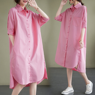 2023夏款韩版大码宽松休闲开叉，粉色衬衫裙女中长款亚麻短袖连衣裙
