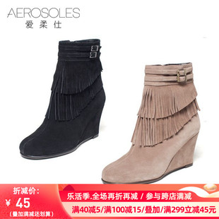 aerosoles爱柔仕靴子牛皮，坡跟圆头流苏，短靴女拉链1915605048