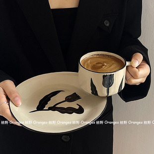 芬兰同款复古手绘花朵陶瓷马克杯，方柄咖啡杯牛奶杯子早餐盘子餐具