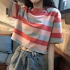 网红条纹短袖t恤女2024年夏季学生韩版宽松泫雅彩虹，上衣ins潮