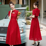 红色蕾丝改良旗袍连衣裙女夏2024年轻款高端国风新中式套装裙