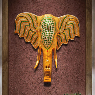 泰国木雕工艺品，东南亚风格墙上软装饰品，大象挂件客厅玄关象头