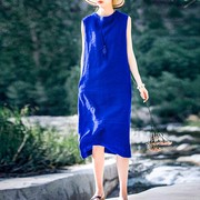 2024夏文艺复古女装靛蓝无袖亚麻连衣裙纯色圆领优雅气质长裙