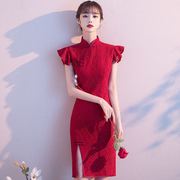 改良旗袍新娘敬酒服2021夏季复古性感红色年轻短款少女连衣裙