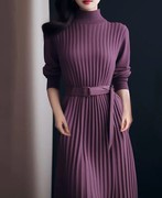 独特超好看气质裙子小个子内搭打底毛衣裙高领紫色针织连衣裙秋冬