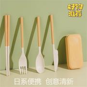 日式小麦秸秆餐具，叉勺筷子三件套折叠便携餐具收纳盒套装